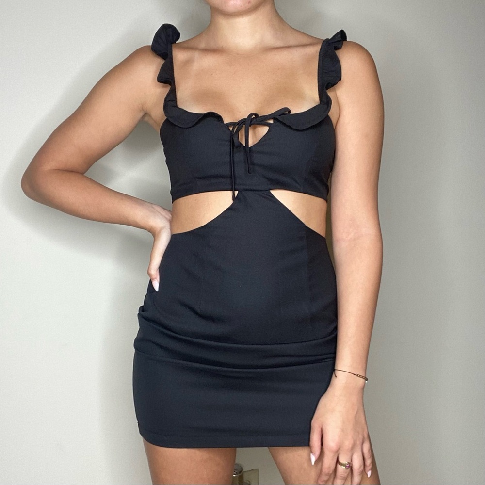 Tiger Mist Black Cutout Mini Dress | Ruffle Strap Game Day / Going Out Fit
